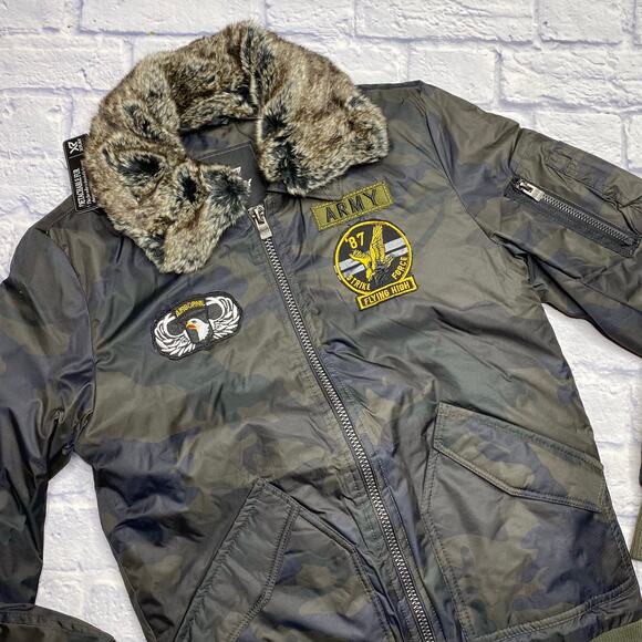 NEW Xray Jeans Army Camo Bomber Jacket with Fur Collar - Picture 2 of 12